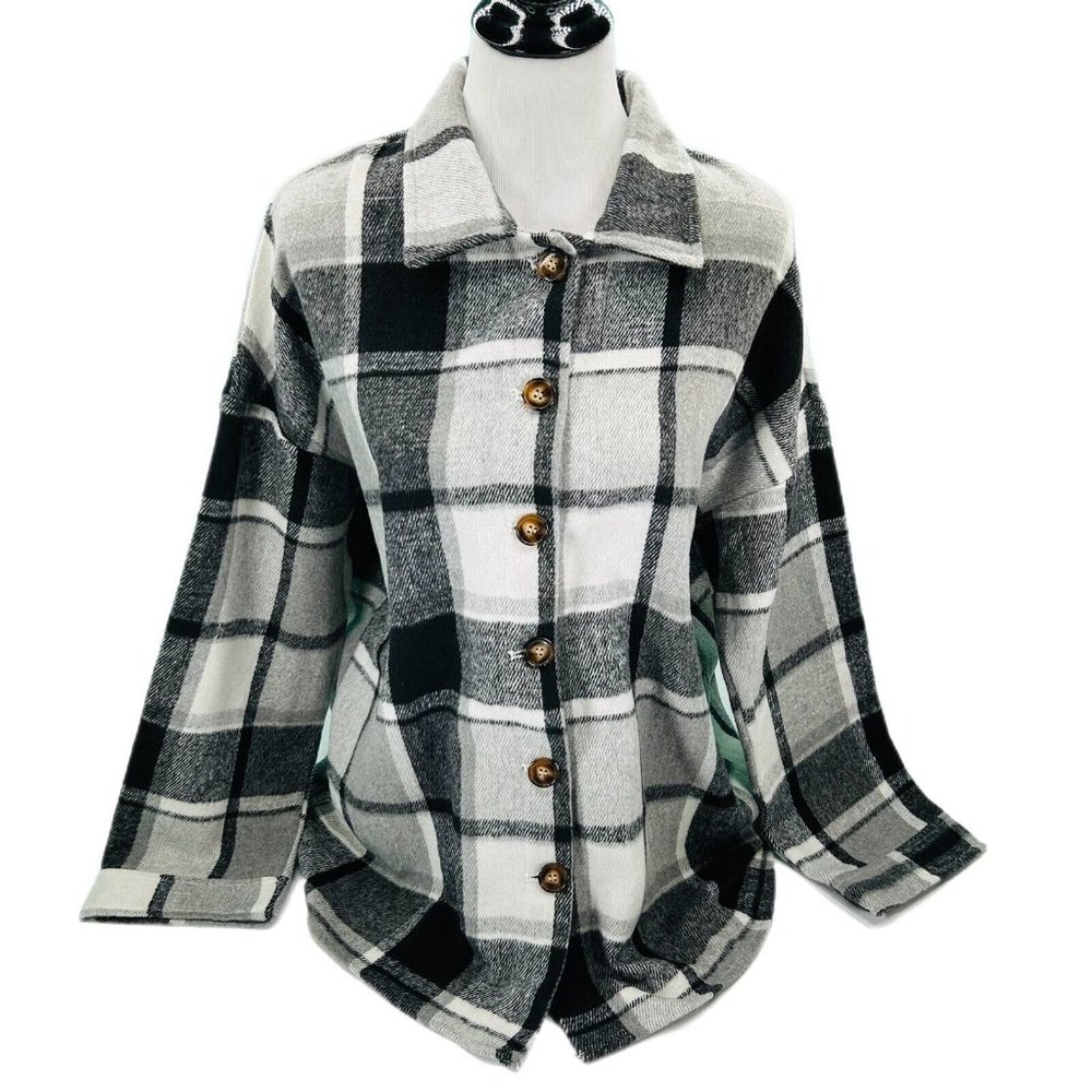 Unishe Jacket Womens XL Black White Plaid Button Down Soft Outside Long Sleeve